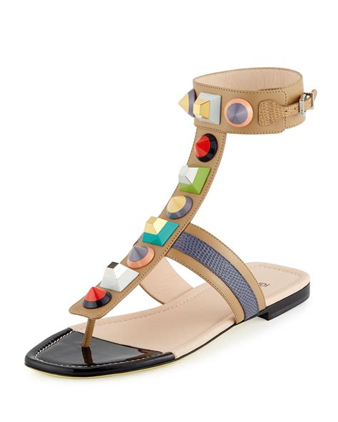 Fendi Studded Leather Gladiator Sandal, Toast/Myrtle/Barley